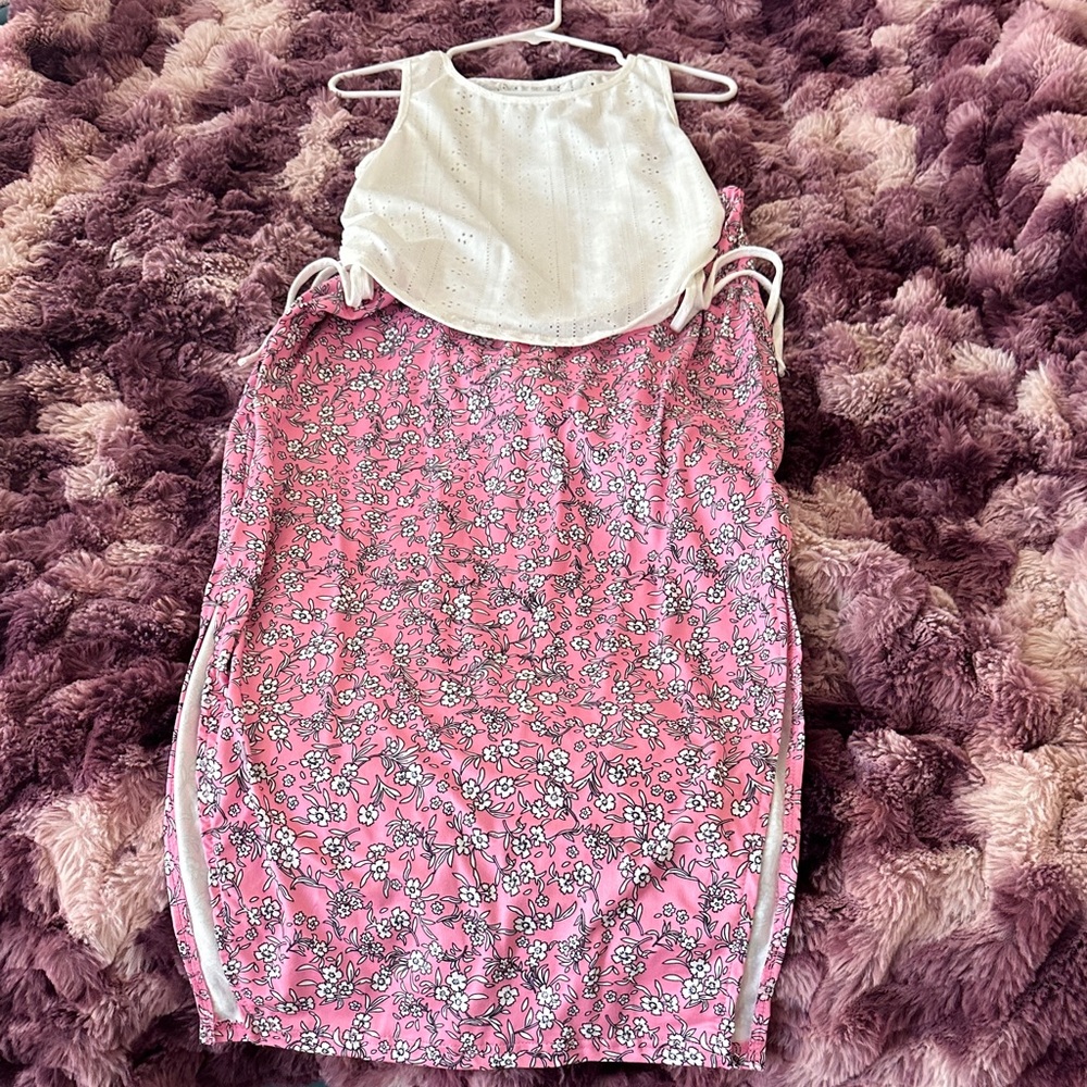 Maternity Set Pink Floral Skirt with White Eyelet Tank